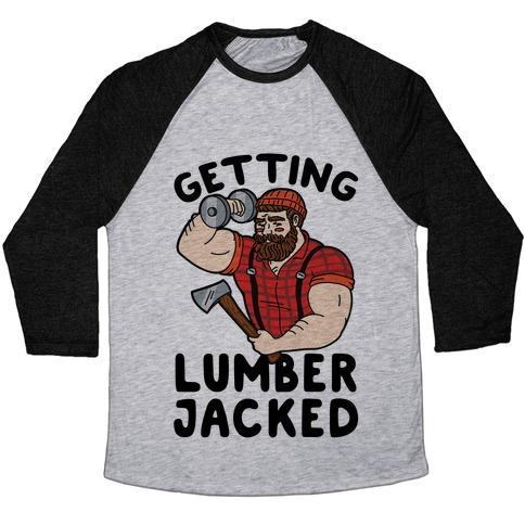 Virgin Teez  Baseball Tee Unisex Tri-Blend Baseball Tee / small / Athletic Gray / Black GETTING LUMBERJACKED UNISEX TRI-BLEND BASEBALL TEE