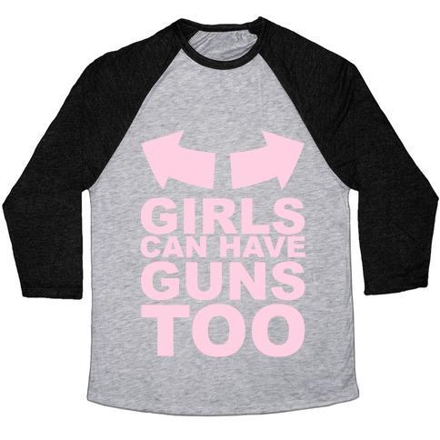 Virgin Teez  Baseball Tee Unisex Tri-Blend Baseball Tee / small / Athletic Gray / Black GIRLS CAN HAVE GUNS TOO UNISEX TRI-BLEND BASEBALL TEE