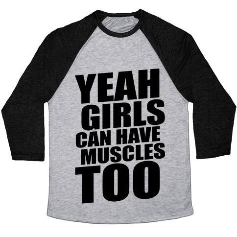 Virgin Teez  Baseball Tee Unisex Tri-Blend Baseball Tee / small / Athletic Gray / Black GIRLS CAN HAVE MUSCLES TOO (NEON TANK) UNISEX TRI-BLEND BASEBALL TEE