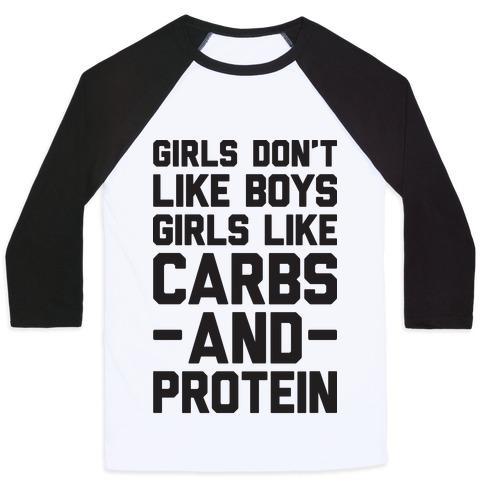 Virgin Teez  Baseball Tee Unisex Classic Baseball Tee / x-small / White/Black GIRLS DON'T LIKE BOYS GIRLS LIKE CARBS AND PROTEIN UNISEX CLASSIC BASEBALL TEE