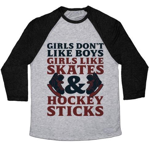 Virgin Teez  Baseball Tee Unisex Tri-Blend Baseball Tee / small / Athletic Gray / Black GIRLS DONT LIKE BOYS GIRLS LIKE HOCKEY UNISEX TRI-BLEND BASEBALL TEE