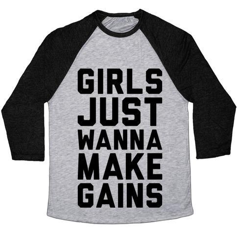 Virgin Teez  Baseball Tee Unisex Tri-Blend Baseball Tee / small / Athletic Gray / Black GIRLS JUST WANNA MAKE GAINS UNISEX TRI-BLEND BASEBALL TEE
