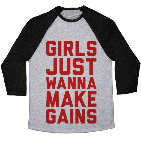 Virgin Teez  Baseball Tee Unisex Tri-Blend Baseball Tee / small / Athletic Gray / Black GIRLS JUST WANNA MAKE GAINS UNISEX TRI-BLEND BASEBALL TEE