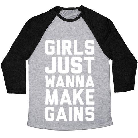 Virgin Teez  Baseball Tee Unisex Tri-Blend Baseball Tee / small / Athletic Gray / Black GIRLS JUST WANNA MAKE GAINS UNISEX TRI-BLEND BASEBALL TEE