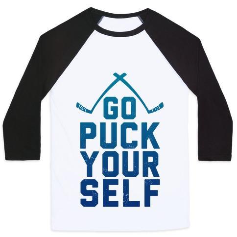 Virgin Teez  Baseball Tee Unisex Classic Baseball Tee / x-small / White/Black GO PUCK YOURSELF! UNISEX CLASSIC BASEBALL TEE