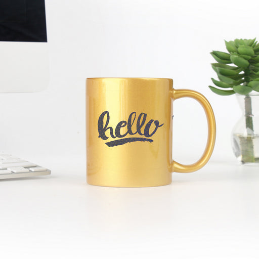 Hello Dots Yellow Hand Lettering Gold & Silver Mug