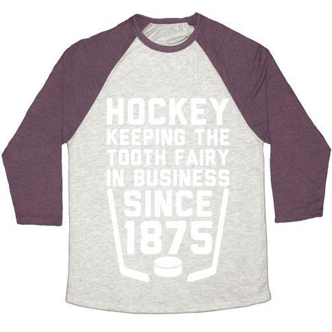 Virgin Teez  Baseball Tee Unisex Tri-Blend Baseball Tee / small / Oatmeal / Maroon HOCKEY: KEEPING THE TOOTH FAIRY IN BUSINESS UNISEX TRI-BLEND BASEBALL TEE