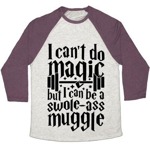 Virgin Teez  Baseball Tee Unisex Tri-Blend Baseball Tee / small / Oatmeal / Maroon I CAN BE A SWOLE-ASS MUGGLE UNISEX TRI-BLEND BASEBALL TEE
