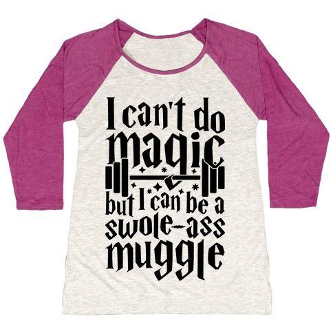 Virgin Teez  Baseball Tee Women's Tri-Blend Baseball Tee / small / Oatmeal / Berry I CAN BE A SWOLE-ASS MUGGLE WOMEN'S TRI-BLEND BASEBALL TEE