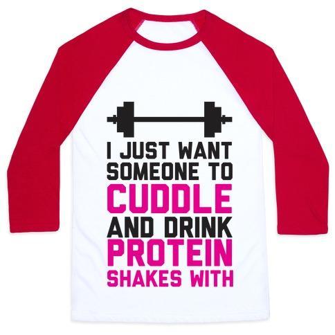 Virgin Teez  Baseball Tee Unisex Classic Baseball Tee / x-small / White/Red I JUST WANT SOMEONE TO CUDDLE AND DRINK PROTEIN SHAKES WITH UNISEX CLASSIC BASEBALL TEE