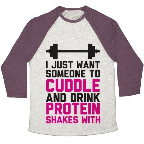 Virgin Teez  Baseball Tee Unisex Tri-Blend Baseball Tee / small / Oatmeal / Maroon I JUST WANT SOMEONE TO CUDDLE AND DRINK PROTEIN SHAKES WITH UNISEX TRI-BLEND BASEBALL TEE