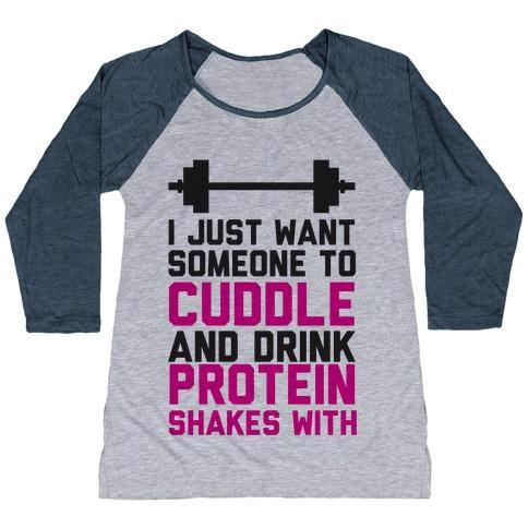 Virgin Teez  Baseball Tee Women's Tri-Blend Baseball Tee / small / Athletic Gray / Navy I JUST WANT SOMEONE TO CUDDLE AND DRINK PROTEIN SHAKES WITH WOMEN'S TRI-BLEND BASEBALL TEE