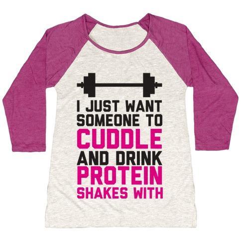 Virgin Teez  Baseball Tee Women's Tri-Blend Baseball Tee / small / Oatmeal / Berry I JUST WANT SOMEONE TO CUDDLE AND DRINK PROTEIN SHAKES WITH WOMEN'S TRI-BLEND BASEBALL TEE