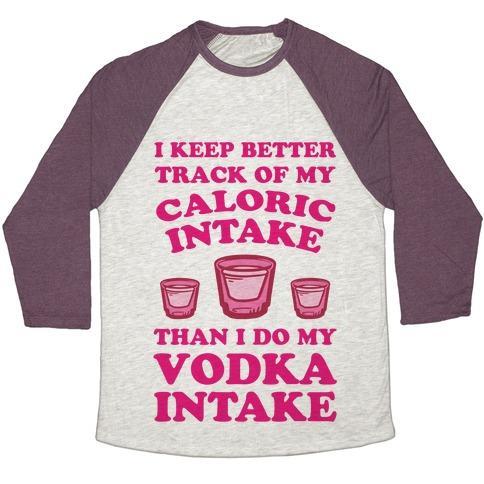 Virgin Teez  Baseball Tee Unisex Tri-Blend Baseball Tee / small / Oatmeal / Maroon I KEEP BETTER TRACK OF MY CALORIC INTAKE THAN I DO MY VODKA INTAKE UNISEX TRI-BLEND BASEBALL TEE