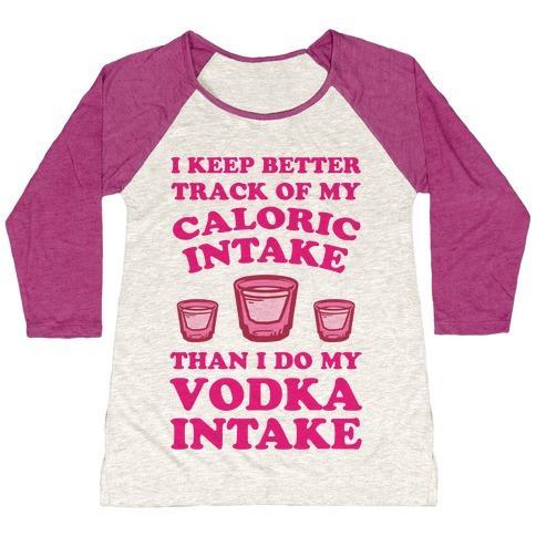 Virgin Teez  Baseball Tee Women's Tri-Blend Baseball Tee / small / Oatmeal / Berry I KEEP BETTER TRACK OF MY CALORIC INTAKE THAN I DO MY VODKA INTAKE WOMEN'S TRI-BLEND BASEBALL TEE