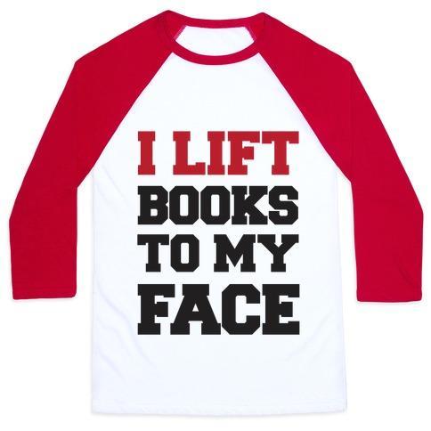 Virgin Teez  Baseball Tee Unisex Classic Baseball Tee / x-small / White/Red I LIFT BOOKS TO MY FACE UNISEX CLASSIC BASEBALL TEE