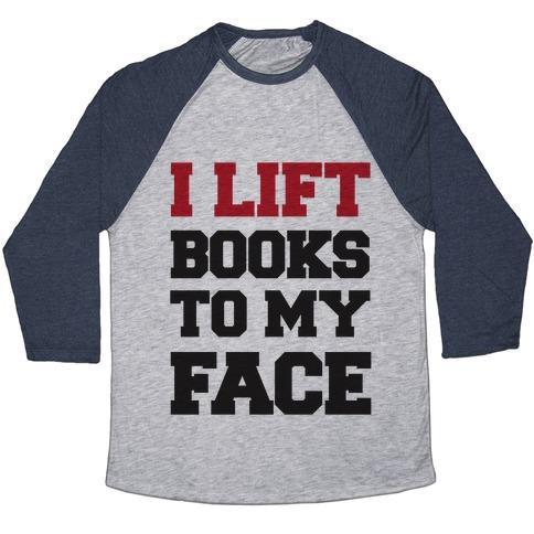Virgin Teez  Baseball Tee Unisex Tri-Blend Baseball Tee / small / Athletic Gray / Navy I LIFT BOOKS TO MY FACE UNISEX TRI-BLEND BASEBALL TEE