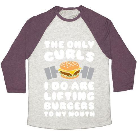 Virgin Teez  Baseball Tee Unisex Tri-Blend Baseball Tee / small / Oatmeal / Maroon I LIFT BURGERS UNISEX TRI-BLEND BASEBALL TEE