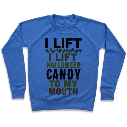 Virgin Teez  Pullover Crewneck Sweatshirt / x-small / Heathered Blue I LIFT (HALLOWEEN CANDY TO MY MOUTH) CREWNECK SWEATSHIRT