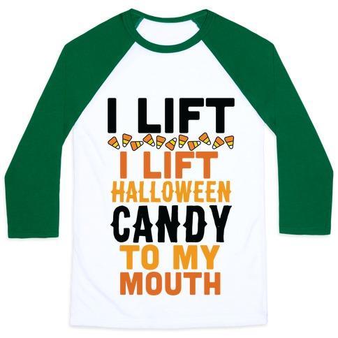Virgin Teez  Baseball Tee Unisex Classic Baseball Tee / x-small / White/Dark Green I LIFT (HALLOWEEN CANDY TO MY MOUTH) UNISEX CLASSIC BASEBALL TEE