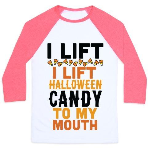 Virgin Teez  Baseball Tee Unisex Classic Baseball Tee / x-small / White/Neon Pink I LIFT (HALLOWEEN CANDY TO MY MOUTH) UNISEX CLASSIC BASEBALL TEE