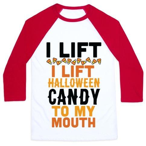 Virgin Teez  Baseball Tee Unisex Classic Baseball Tee / x-small / White/Red I LIFT (HALLOWEEN CANDY TO MY MOUTH) UNISEX CLASSIC BASEBALL TEE