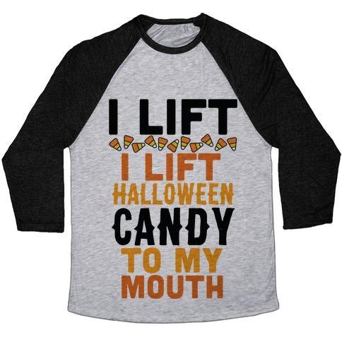 Virgin Teez  Baseball Tee Unisex Tri-Blend Baseball Tee / small / Athletic Gray / Black I LIFT (HALLOWEEN CANDY TO MY MOUTH) UNISEX TRI-BLEND BASEBALL TEE
