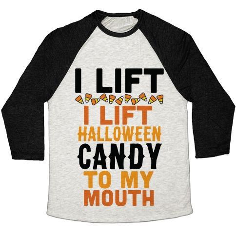 Virgin Teez  Baseball Tee Unisex Tri-Blend Baseball Tee / small / Oatmeal / Black I LIFT (HALLOWEEN CANDY TO MY MOUTH) UNISEX TRI-BLEND BASEBALL TEE