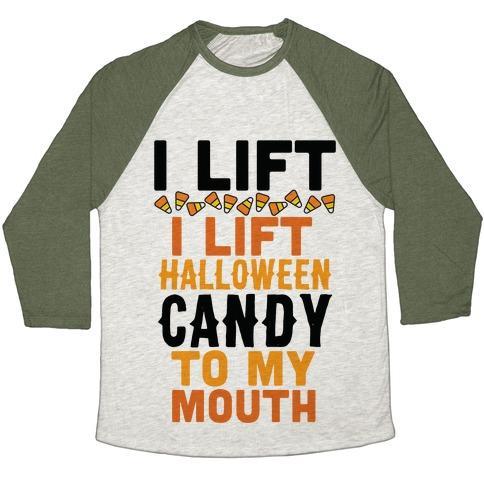 Virgin Teez  Baseball Tee Unisex Tri-Blend Baseball Tee / small / Oatmeal / Moss I LIFT (HALLOWEEN CANDY TO MY MOUTH) UNISEX TRI-BLEND BASEBALL TEE