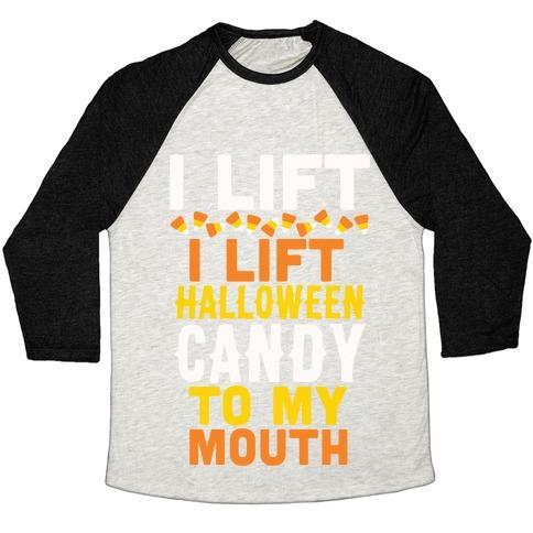 Virgin Teez  Baseball Tee Unisex Tri-Blend Baseball Tee / small / Oatmeal / Black I LIFT (HALLOWEEN CANDY TO MY MOUTH) UNISEX TRI-BLEND BASEBALL TEE