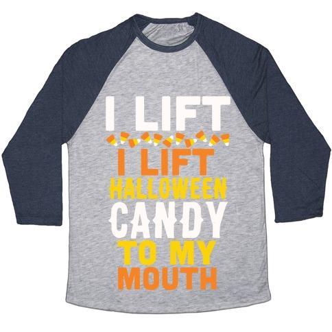 Virgin Teez  Baseball Tee Unisex Tri-Blend Baseball Tee / small / Athletic Gray / Navy I LIFT (HALLOWEEN CANDY TO MY MOUTH) UNISEX TRI-BLEND BASEBALL TEE