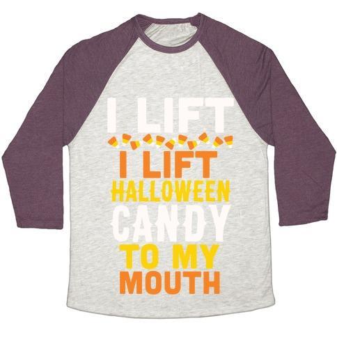 Virgin Teez  Baseball Tee Unisex Tri-Blend Baseball Tee / small / Oatmeal / Maroon I LIFT (HALLOWEEN CANDY TO MY MOUTH) UNISEX TRI-BLEND BASEBALL TEE