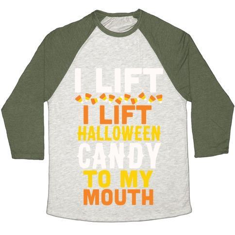Virgin Teez  Baseball Tee Unisex Tri-Blend Baseball Tee / small / Oatmeal / Moss I LIFT (HALLOWEEN CANDY TO MY MOUTH) UNISEX TRI-BLEND BASEBALL TEE