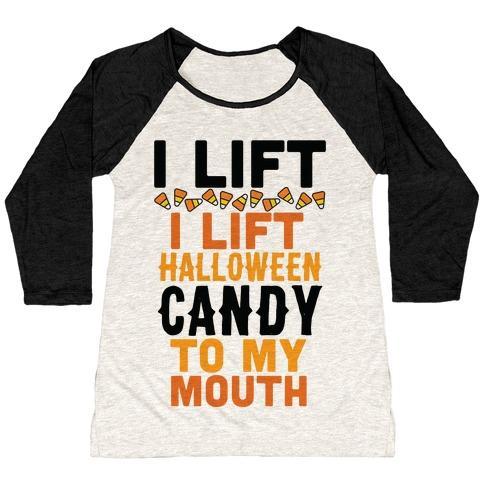 Virgin Teez  Baseball Tee Women's Tri-Blend Baseball Tee / small / Oatmeal / Black I LIFT (HALLOWEEN CANDY TO MY MOUTH) WOMEN'S TRI-BLEND BASEBALL TEE