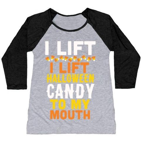 Virgin Teez  Baseball Tee Women's Tri-Blend Baseball Tee / small / Athletic Gray / Black I LIFT (HALLOWEEN CANDY TO MY MOUTH) WOMEN'S TRI-BLEND BASEBALL TEE