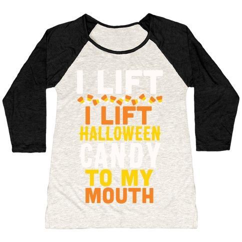 Virgin Teez  Baseball Tee Women's Tri-Blend Baseball Tee / small / Oatmeal / Black I LIFT (HALLOWEEN CANDY TO MY MOUTH) WOMEN'S TRI-BLEND BASEBALL TEE