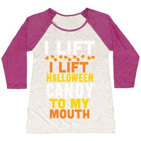 Virgin Teez  Baseball Tee Women's Tri-Blend Baseball Tee / small / Oatmeal / Berry I LIFT (HALLOWEEN CANDY TO MY MOUTH) WOMEN'S TRI-BLEND BASEBALL TEE
