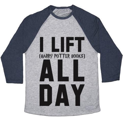 Virgin Teez  Baseball Tee Unisex Tri-Blend Baseball Tee / small / Athletic Gray / Navy I LIFT (HARRY POTTER BOOKS) ALL DAY UNISEX TRI-BLEND BASEBALL TEE