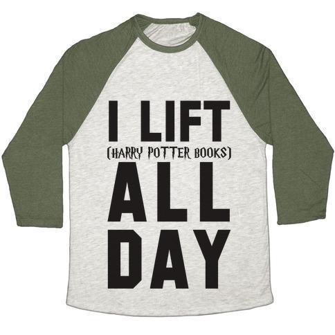 Virgin Teez  Baseball Tee Unisex Tri-Blend Baseball Tee / small / Oatmeal / Moss I LIFT (HARRY POTTER BOOKS) ALL DAY UNISEX TRI-BLEND BASEBALL TEE