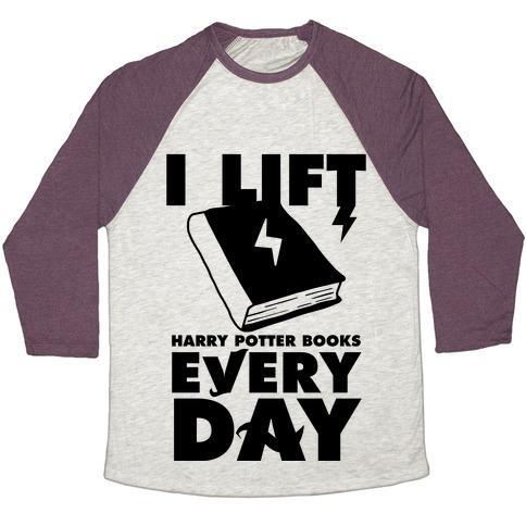 Virgin Teez  Baseball Tee Unisex Tri-Blend Baseball Tee / small / Oatmeal / Maroon I LIFT (HARRY POTTER BOOKS) EVERY DAY UNISEX TRI-BLEND BASEBALL TEE