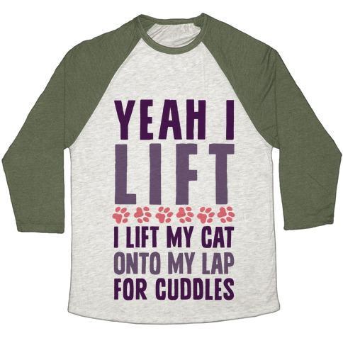 Virgin Teez  Baseball Tee Unisex Tri-Blend Baseball Tee / small / Oatmeal / Moss I LIFT (MY CAT ONTO MY LAP) UNISEX TRI-BLEND BASEBALL TEE