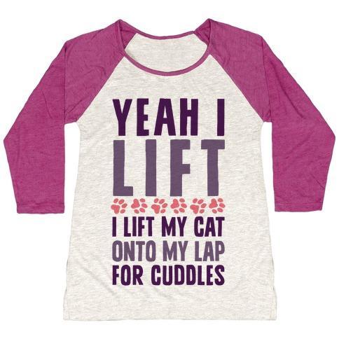 Virgin Teez  Baseball Tee Women's Tri-Blend Baseball Tee / small / Oatmeal / Berry I LIFT (MY CAT ONTO MY LAP) WOMEN'S TRI-BLEND BASEBALL TEE