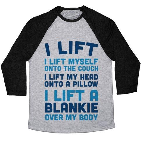 Virgin Teez  Baseball Tee Unisex Tri-Blend Baseball Tee / small / Athletic Gray / Black I LIFT (MYSELF ONTO THE COUCH FOR A NAP) UNISEX TRI-BLEND BASEBALL TEE
