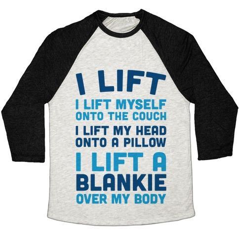 Virgin Teez  Baseball Tee Unisex Tri-Blend Baseball Tee / small / Oatmeal / Black I LIFT (MYSELF ONTO THE COUCH FOR A NAP) UNISEX TRI-BLEND BASEBALL TEE