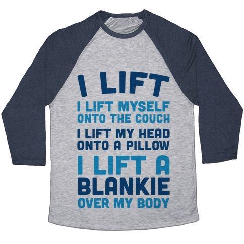 Virgin Teez  Baseball Tee Unisex Tri-Blend Baseball Tee / small / Athletic Gray / Navy I LIFT (MYSELF ONTO THE COUCH FOR A NAP) UNISEX TRI-BLEND BASEBALL TEE