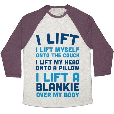 Virgin Teez  Baseball Tee Unisex Tri-Blend Baseball Tee / small / Oatmeal / Maroon I LIFT (MYSELF ONTO THE COUCH FOR A NAP) UNISEX TRI-BLEND BASEBALL TEE