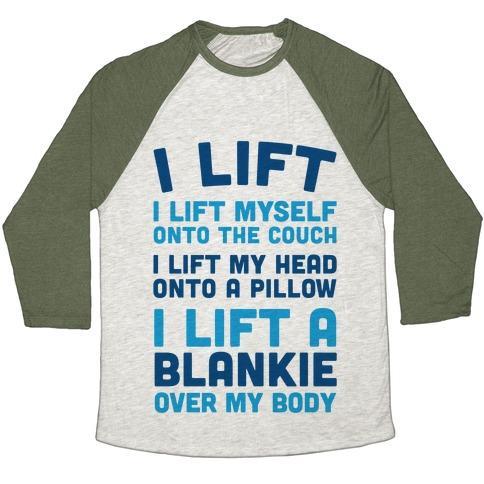 Virgin Teez  Baseball Tee Unisex Tri-Blend Baseball Tee / small / Oatmeal / Moss I LIFT (MYSELF ONTO THE COUCH FOR A NAP) UNISEX TRI-BLEND BASEBALL TEE