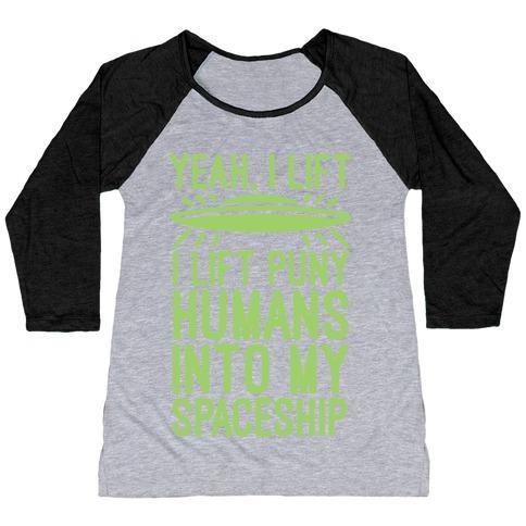 Virgin Teez  Baseball Tee Women's Tri-Blend Baseball Tee / small / Athletic Gray / Black I LIFT PUNY HUMANS INTO MY SPACESHIP WOMEN'S TRI-BLEND BASEBALL TEE