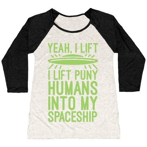 Virgin Teez  Baseball Tee Women's Tri-Blend Baseball Tee / small / Oatmeal / Black I LIFT PUNY HUMANS INTO MY SPACESHIP WOMEN'S TRI-BLEND BASEBALL TEE