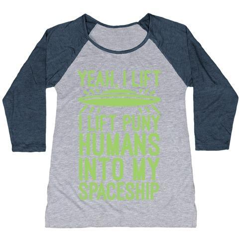 Virgin Teez  Baseball Tee Women's Tri-Blend Baseball Tee / small / Athletic Gray / Navy I LIFT PUNY HUMANS INTO MY SPACESHIP WOMEN'S TRI-BLEND BASEBALL TEE